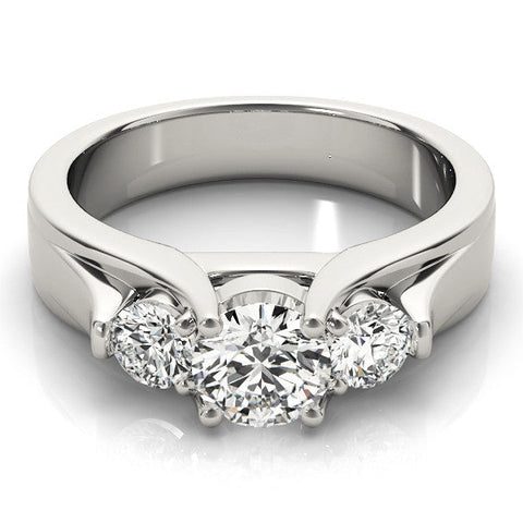 Platinum Three-Stone Round Diamond Trellis Engagement Ring with Split Shank Band