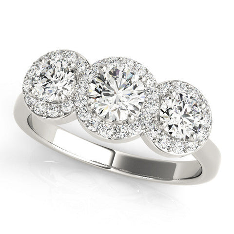 Platinum Three-Stone Round Halo Diamond Ring with Pavé Band and Prong Setting