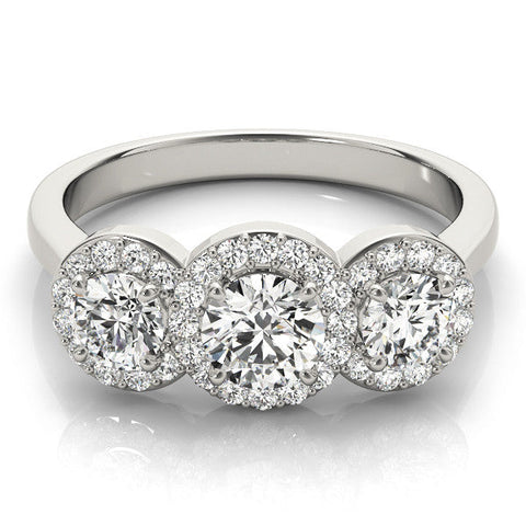 Platinum Three-Stone Round Halo Diamond Ring with Pavé Band and Prong Setting