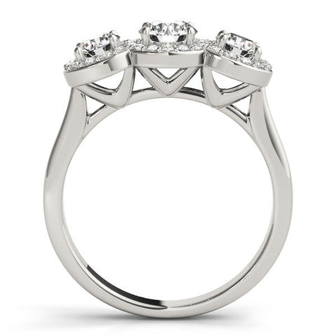 White gold Three-Stone Round Halo Diamond Ring with Pavé Band and Prong Setting