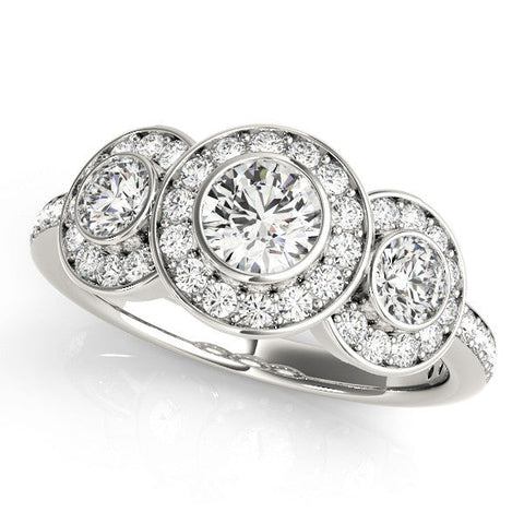 Platinum Three-Stone Round Halo Pavé Diamond Ring