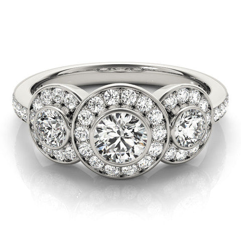 White gold Three-Stone Round Halo Pavé Diamond Ring