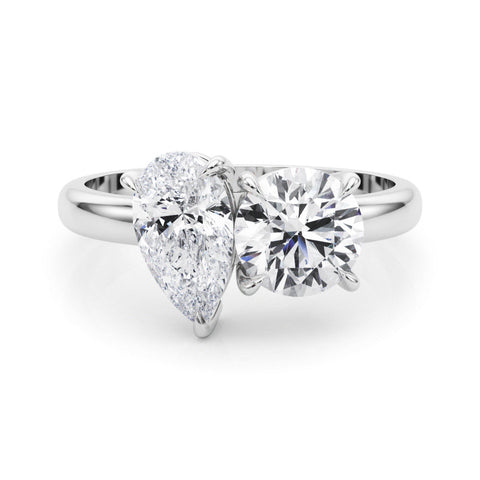 Platinum Round and Pear Toi Moi Ring with Prong Setting and Plain Band