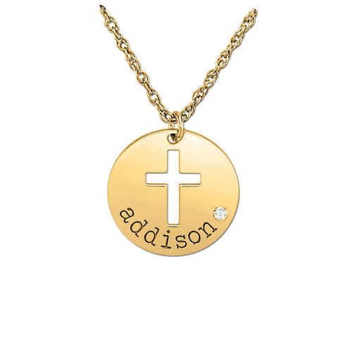 Silver Addison Round Pendant with Cross Cutout and Round Diamond Bezel Setting