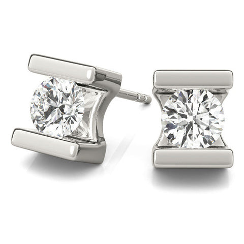 Silver Bar Set Round Diamond Stud Earrings in Silver