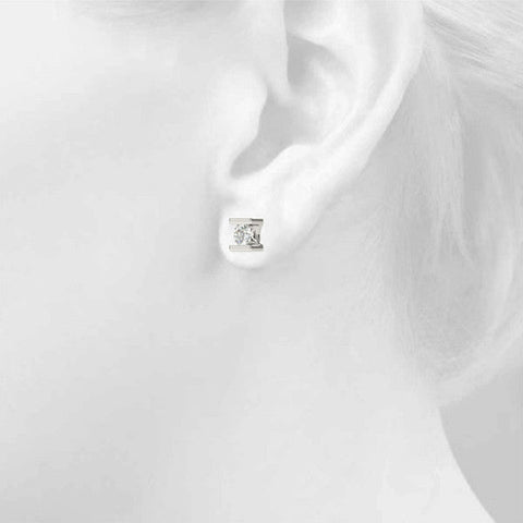 Silver Bar Set Round Diamond Stud Earrings in Silver