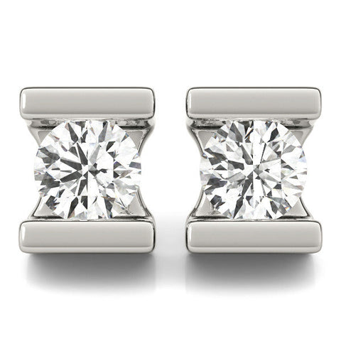 Silver Bar Set Round Diamond Stud Earrings in Silver