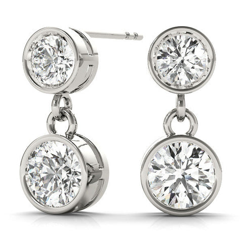 Silver Bezel-Set Round Cut Drop Earrings with Post Back
