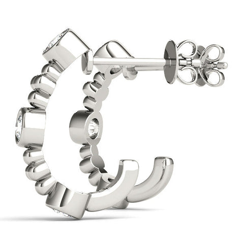 Silver Bezel Set Round Diamond Beaded Hoop Earrings