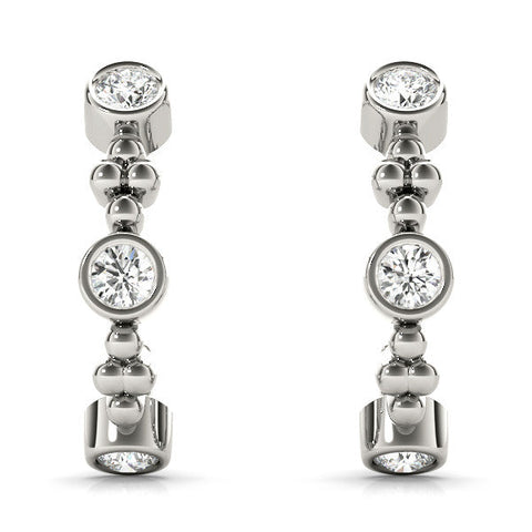 Silver Bezel Set Round Diamond Beaded Hoop Earrings