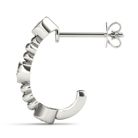Silver Bezel Set Round Diamond Beaded Hoop Earrings