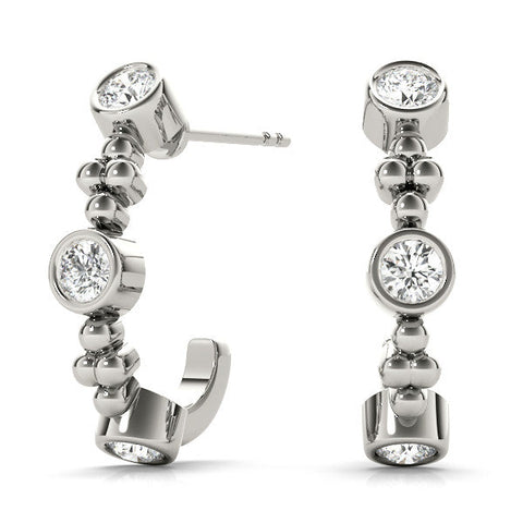 Silver Bezel Set Round Diamond Beaded Hoop Earrings