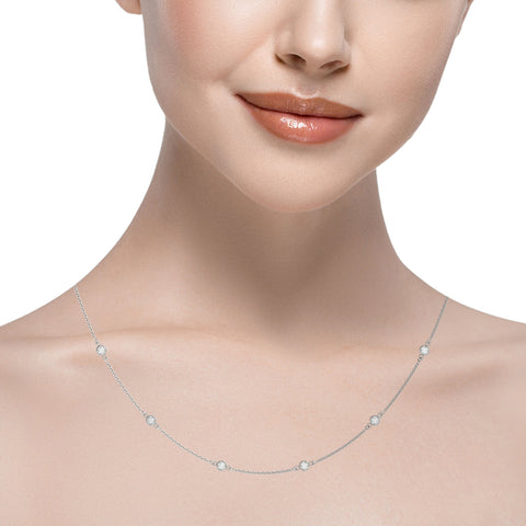 Silver Bezel-Set Round Diamond Station Necklace with Cable Chain