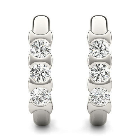 Silver Channel Set Round Diamond Hoop Earrings with Claw Prong Setting