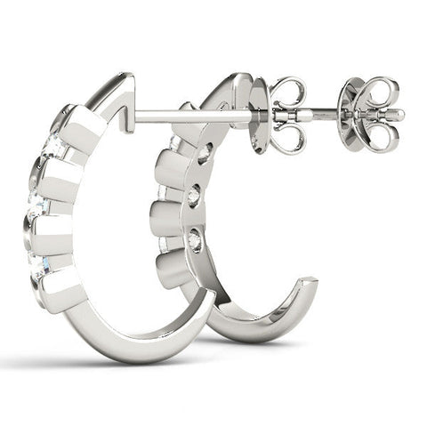 Silver Channel Set Round Diamond Hoop Earrings with Claw Prong Setting