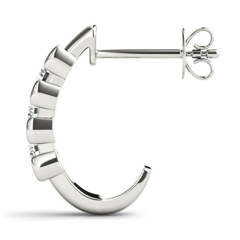 Silver Channel Set Round Diamond Hoop Earrings with Claw Prong Setting