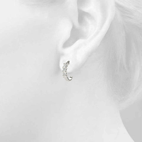 Silver Channel Set Round Diamond Hoop Earrings with Claw Prong Setting