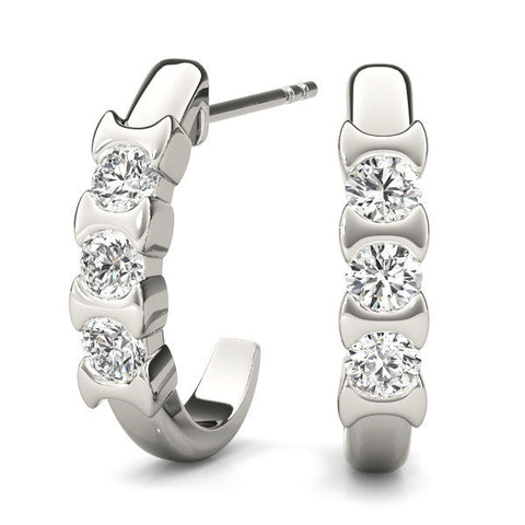 Silver Channel Set Round Diamond Hoop Earrings with Claw Prong Setting