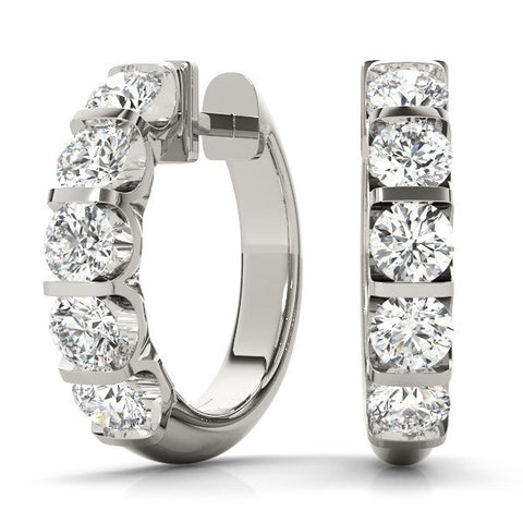 Silver Channel-Set Round Diamond Hoop Earrings