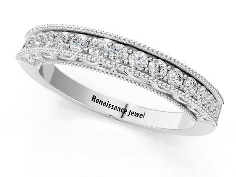White gold Channel Set Round Diamond Milgrain Edge Eternity Band