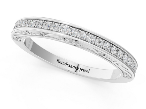 Platinum Channel Set Round Diamond Milgrain Engraved Band