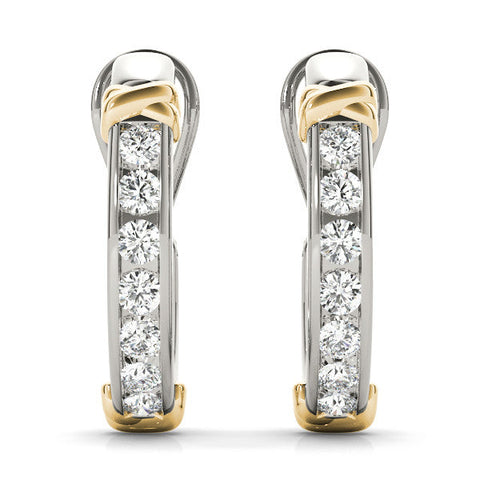 Silver Channel-Set Round Diamond Two-Tone Hoop Earrings with Claw Prong Setting