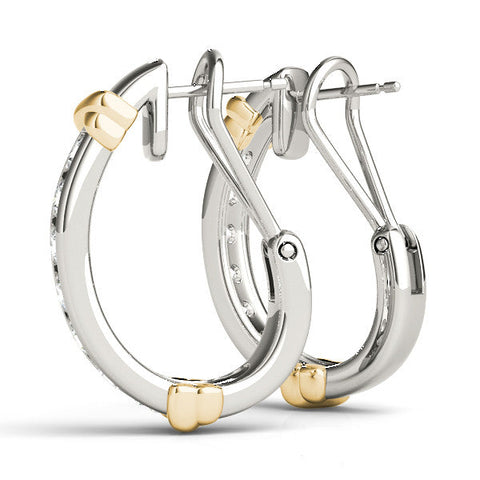 Silver Channel-Set Round Diamond Two-Tone Hoop Earrings with Claw Prong Setting