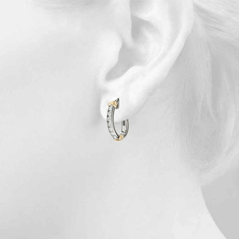Silver Channel-Set Round Diamond Two-Tone Hoop Earrings with Claw Prong Setting