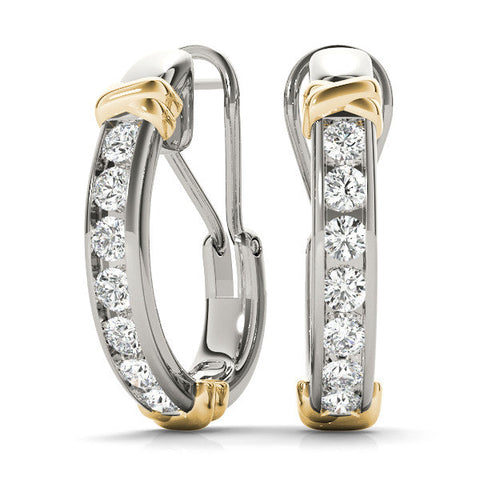 Silver Channel-Set Round Diamond Two-Tone Hoop Earrings with Claw Prong Setting