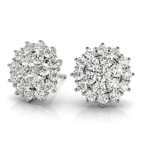 Silver Cluster Diamond Round Stud Earrings with Basket Setting