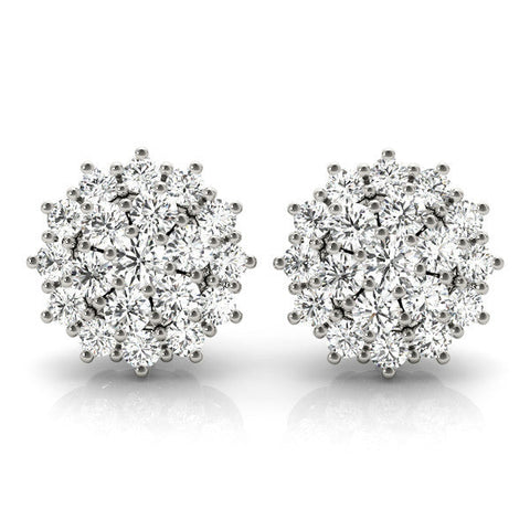 Silver Cluster Diamond Round Stud Earrings with Basket Setting