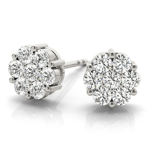 Silver Cluster Round Diamond Stud Earrings with Prong Setting