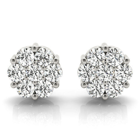 Silver Cluster Round Diamond Stud Earrings with Prong Setting