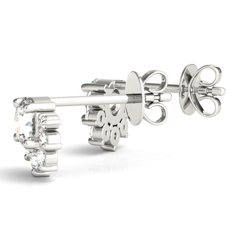 Silver Cluster Round Diamond Stud Earrings with Silver Band and Four-Prong Setting