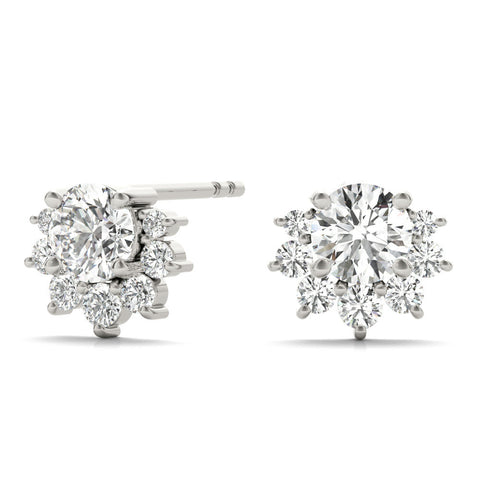 Silver Cluster Round Diamond Stud Earrings with Silver Band and Four-Prong Setting