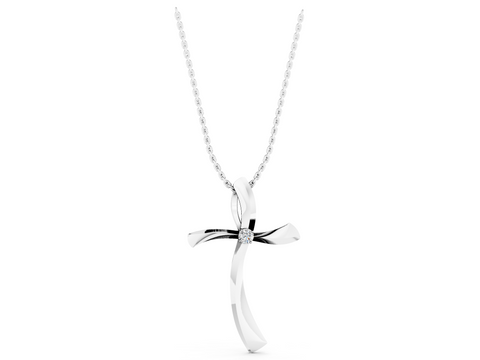 White gold Curved Cross Pendant with Round Diamond in Bezel Setting