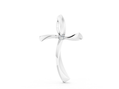 White gold Curved Cross Pendant with Round Diamond in Bezel Setting