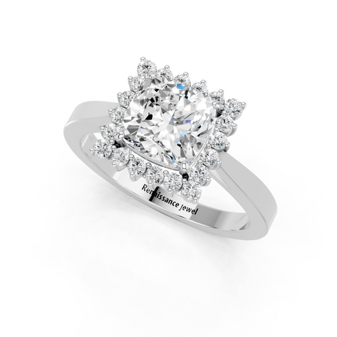 White gold Cushion Cut Diamond Pavé Band Solitaire Ring with Four-Prong Setting