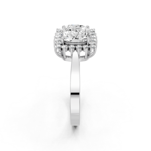 White gold Cushion Cut Diamond Pavé Band Solitaire Ring with Four-Prong Setting