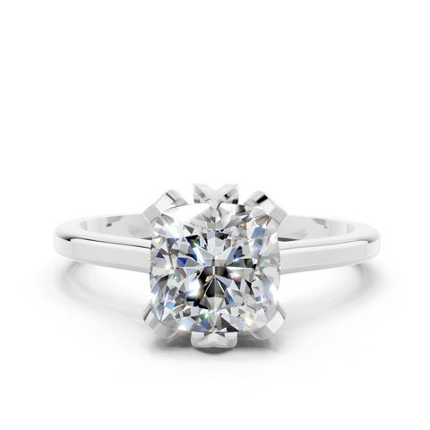 White gold Cushion Cut Solitaire Diamond Ring with Flower-Prong Setting and Classic Band