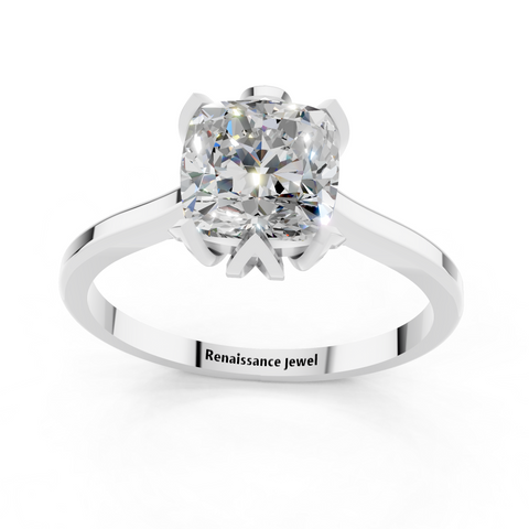 Platinum Cushion Cut Solitaire Diamond Ring with Flower-Prong Setting and Classic Band