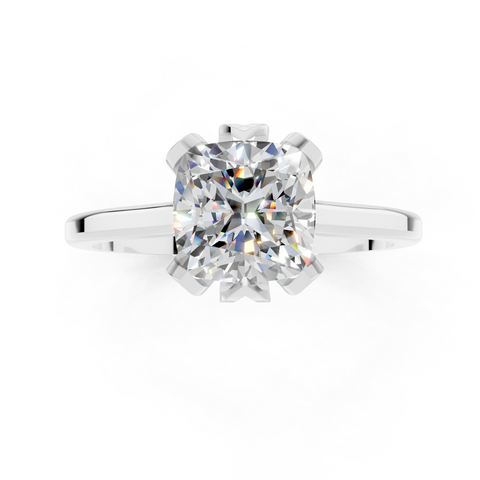 Platinum Cushion Cut Solitaire Diamond Ring with Flower-Prong Setting and Classic Band