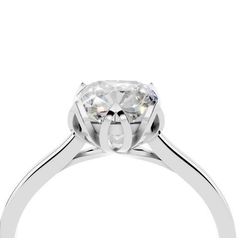 Platinum Cushion Cut Solitaire Diamond Ring with Flower-Prong Setting and Classic Band