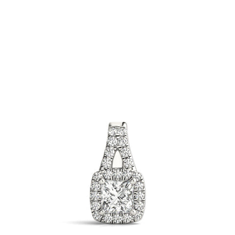 White gold Cushion Halo Diamond Pendant with Princess Cut Stone and Four-Prong Setting