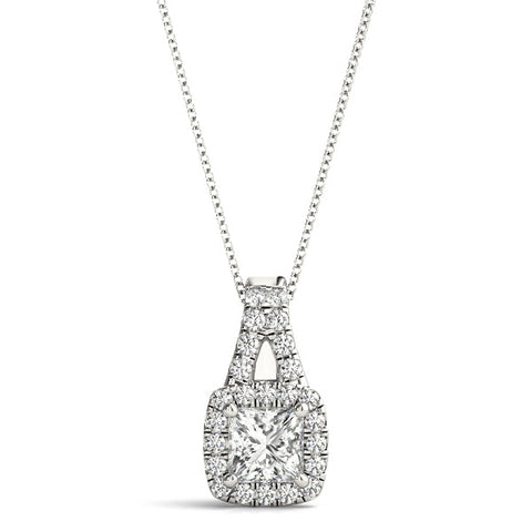 Silver Cushion Halo Diamond Pendant with Princess Cut Stone and Four-Prong Setting