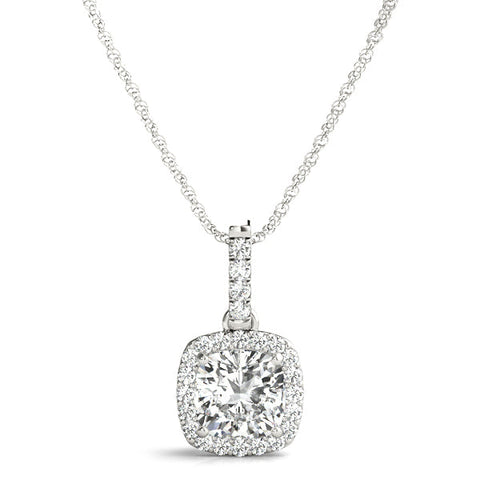 Silver Cushion Halo Diamond Pendant with Prong Setting