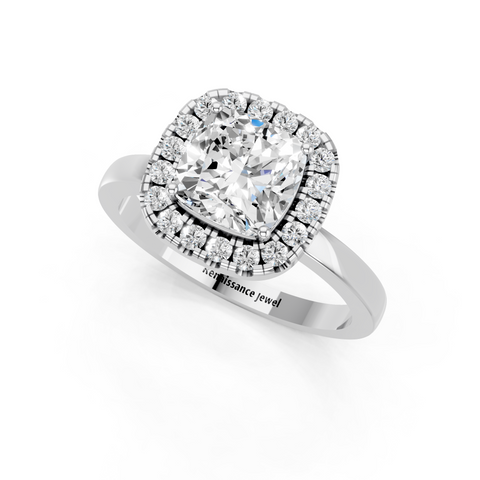 White gold Cushion Halo Diamond Solitaire with Pavé Band and Four-Prong Setting