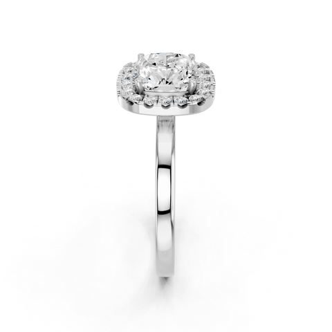 White gold Cushion Halo Diamond Solitaire with Pavé Band and Four-Prong Setting