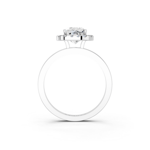 White gold Cushion Halo Diamond Solitaire with Pavé Band and Four-Prong Setting