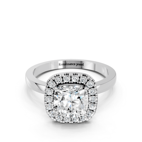 Silver Cushion Halo Diamond Solitaire with Pavé Band and Four-Prong Setting